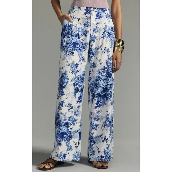 Maeve by Anthropologie Wide Leg Floral Pants Blue White Linen Blend Women's 8